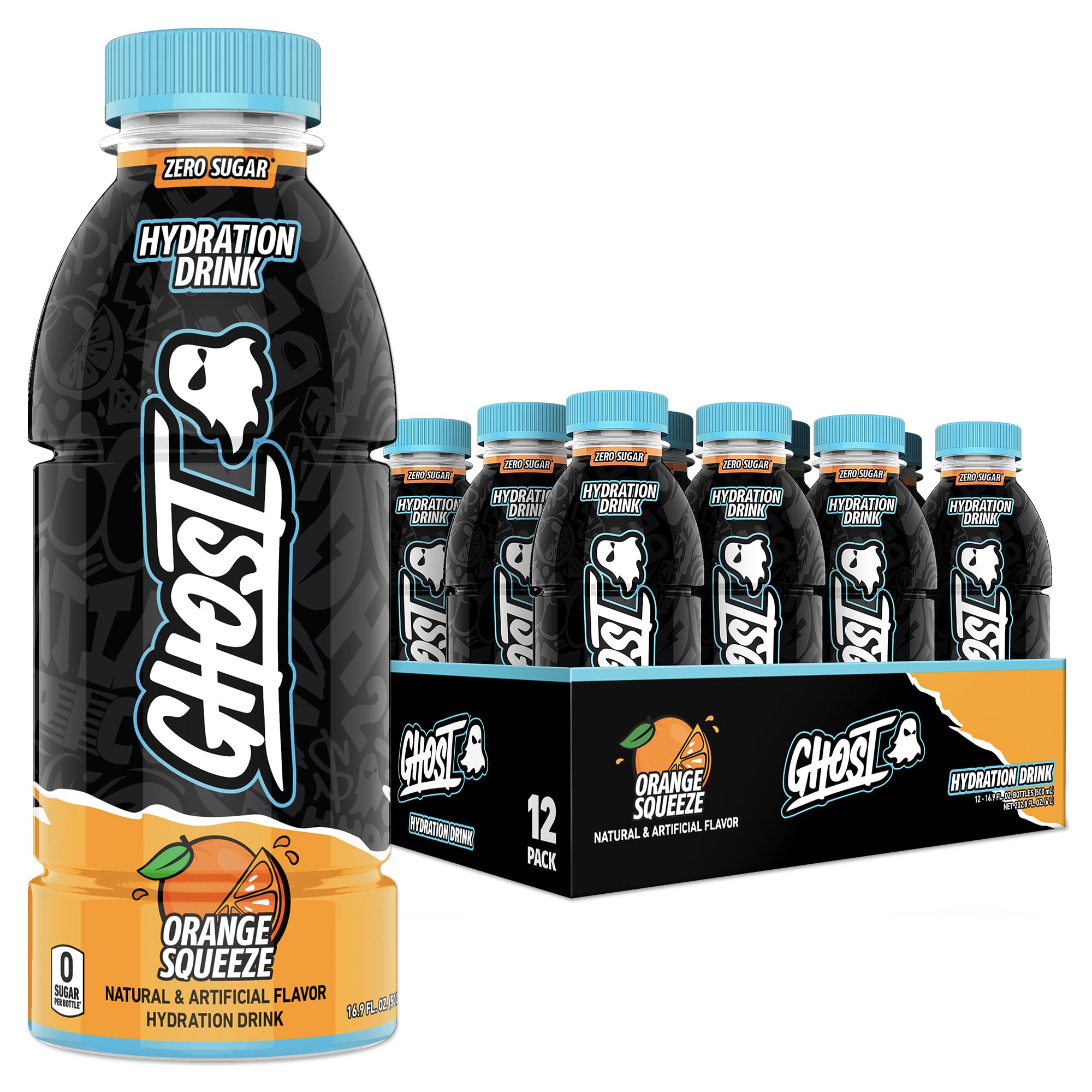 GHOST bottle front packaging showing Orange Squeeze and zero sugar benefit