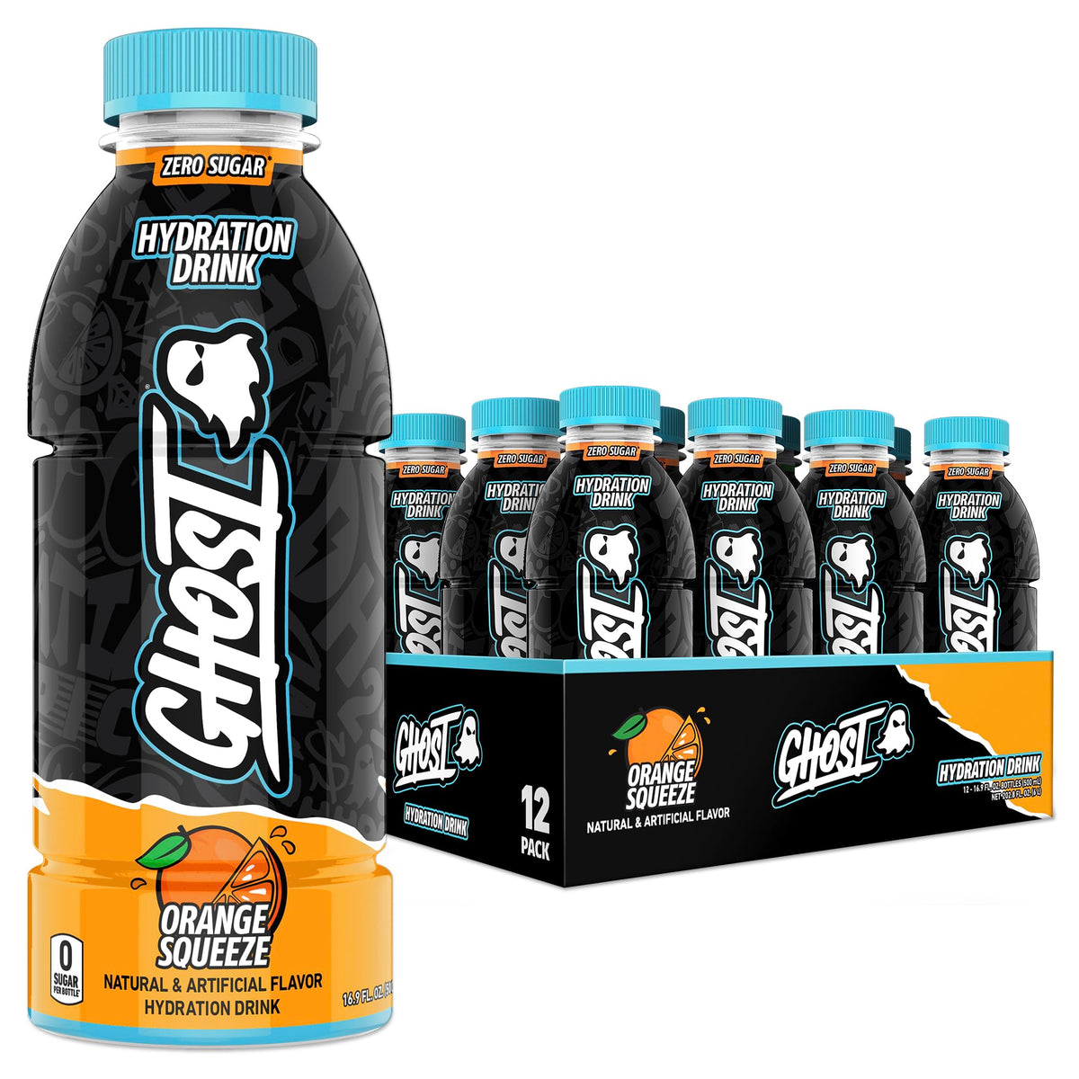 GHOST bottle front packaging showing Orange Squeeze and zero sugar benefit