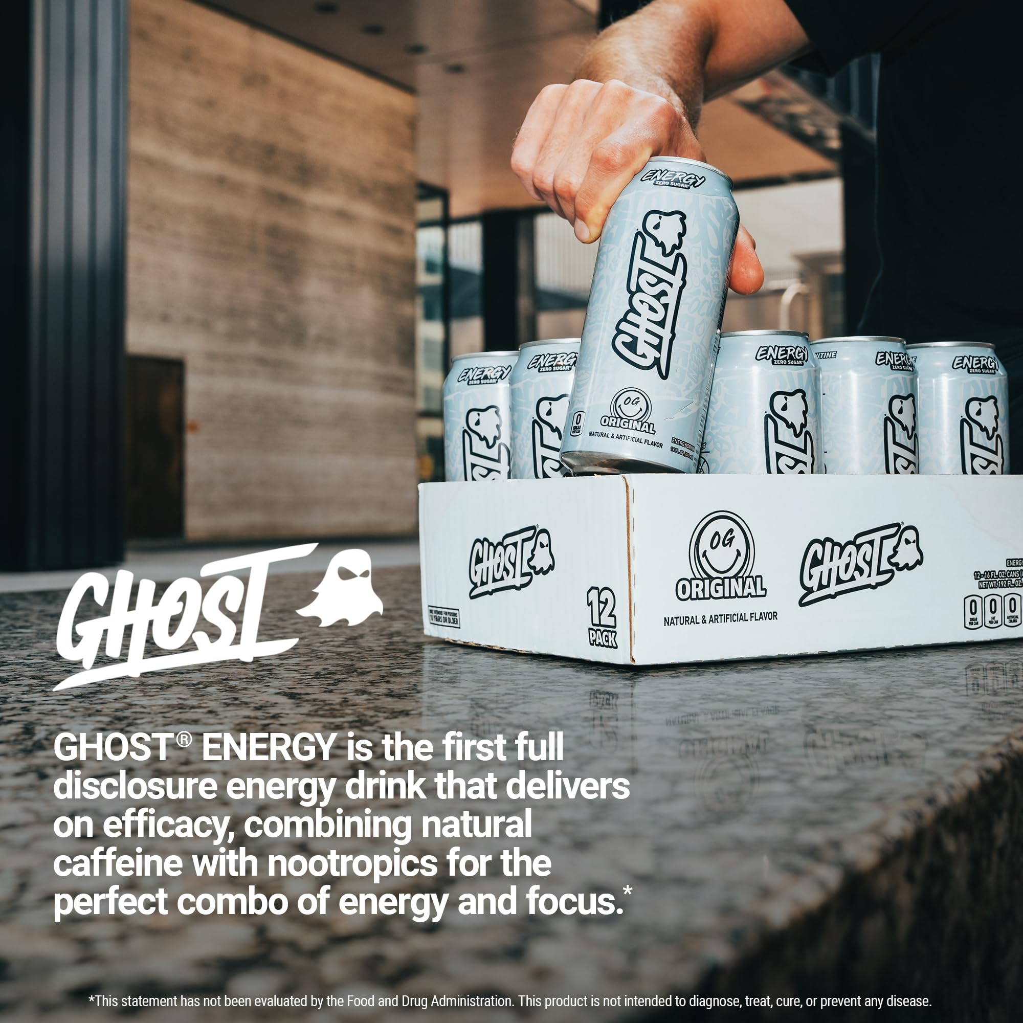 GHOST original 12-pack box stacked to show case quantity and storage convenience