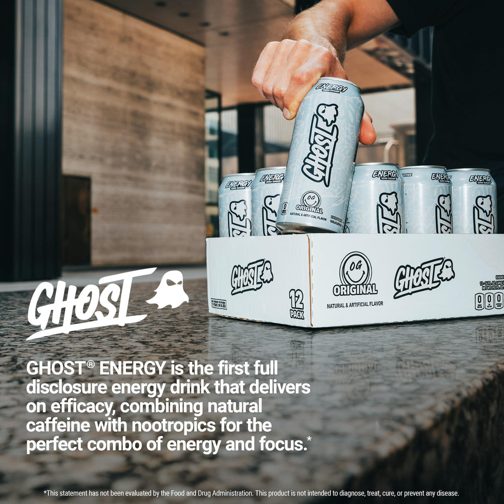 GHOST original 12-pack box stacked to show case quantity and storage convenience
