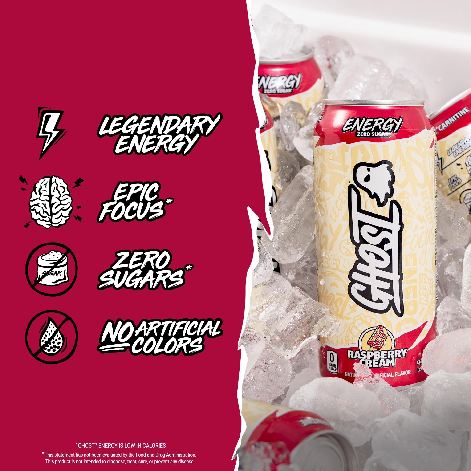 GHOST Raspberry Cream logo and can detail highlighting clear ingredient list