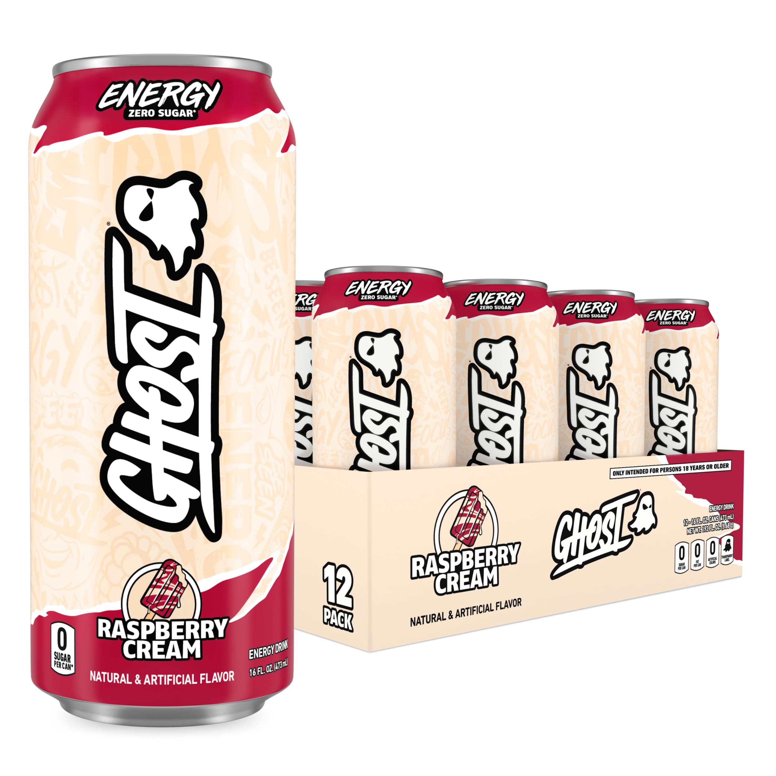 GHOST Raspberry Cream front packaging showing 12-pack and flavor benefit