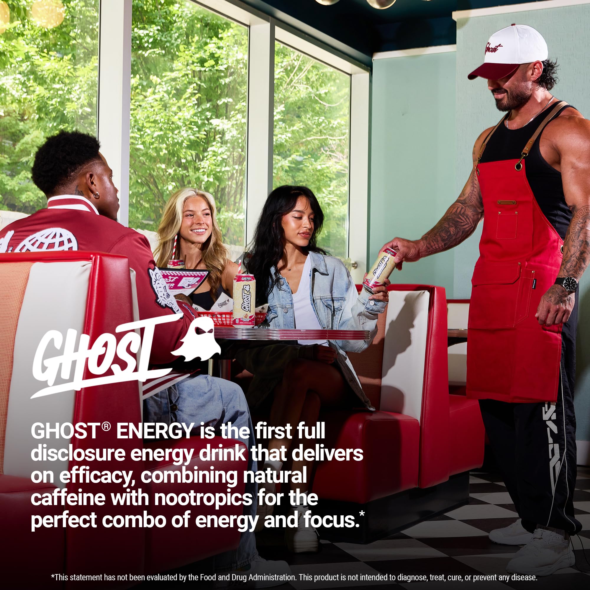 GHOST Raspberry Cream can in outdoor setting suggesting portable energy