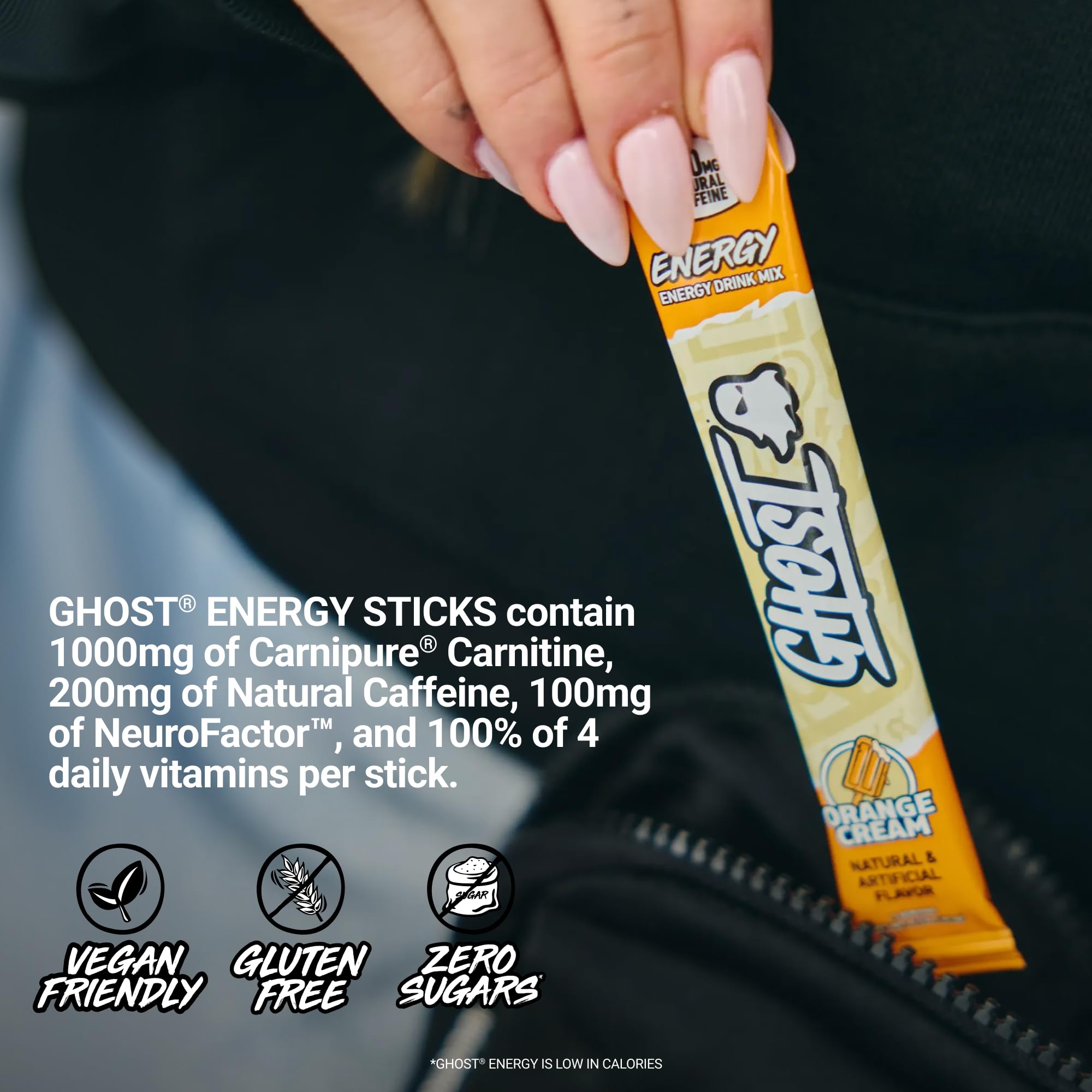 GHOST stick next to a wallet showing portable single-serve convenience
