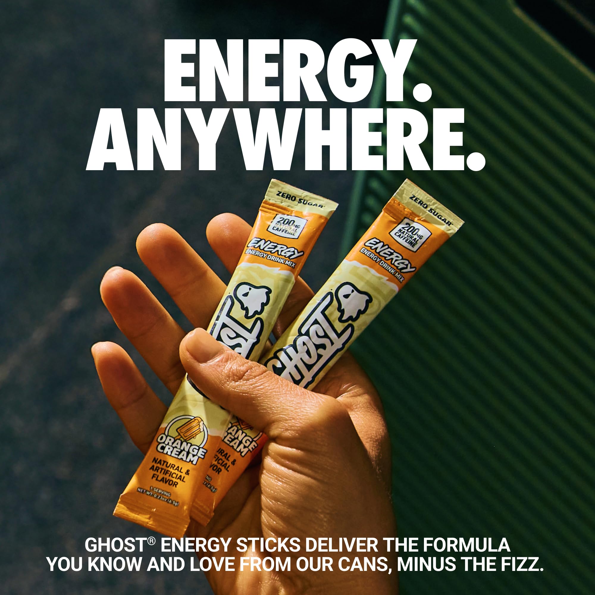 GHOST single stick packet close-up showing transparent ingredient labeling