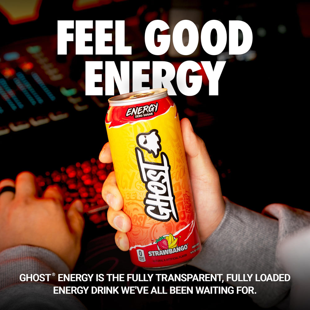 GHOST Strawbango close-up of a 16oz can highlighting the flavor and zero-sugar badge