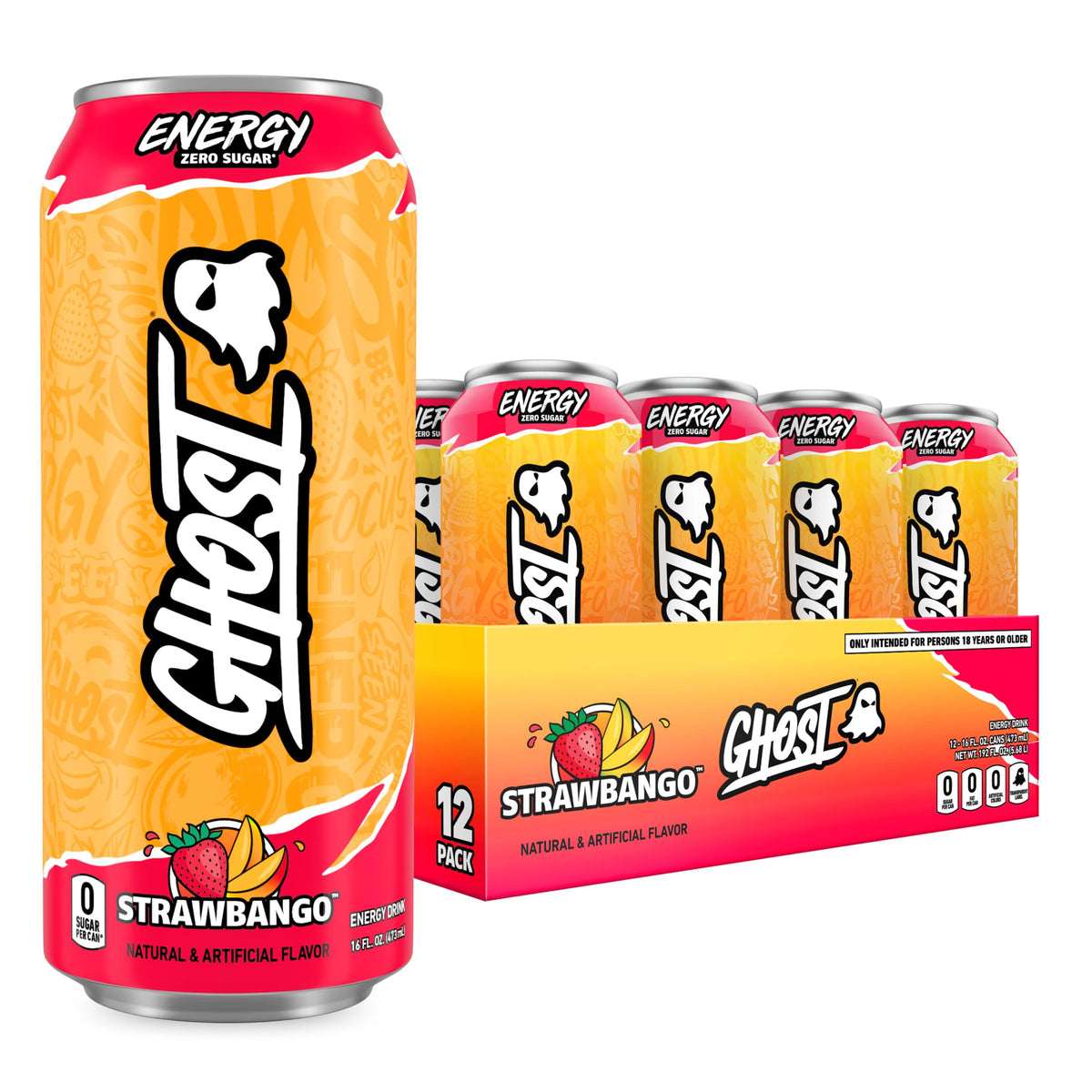 GHOST Strawbango front pack showing 12 cans and bold branding benefit clarity