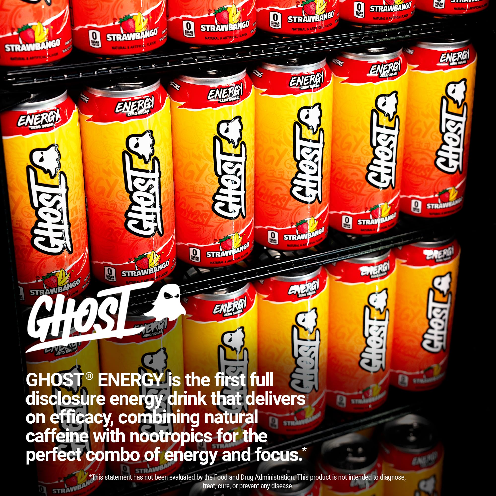 GHOST Strawbango can in a gym bag showing convenience and on-the-go energy benefit