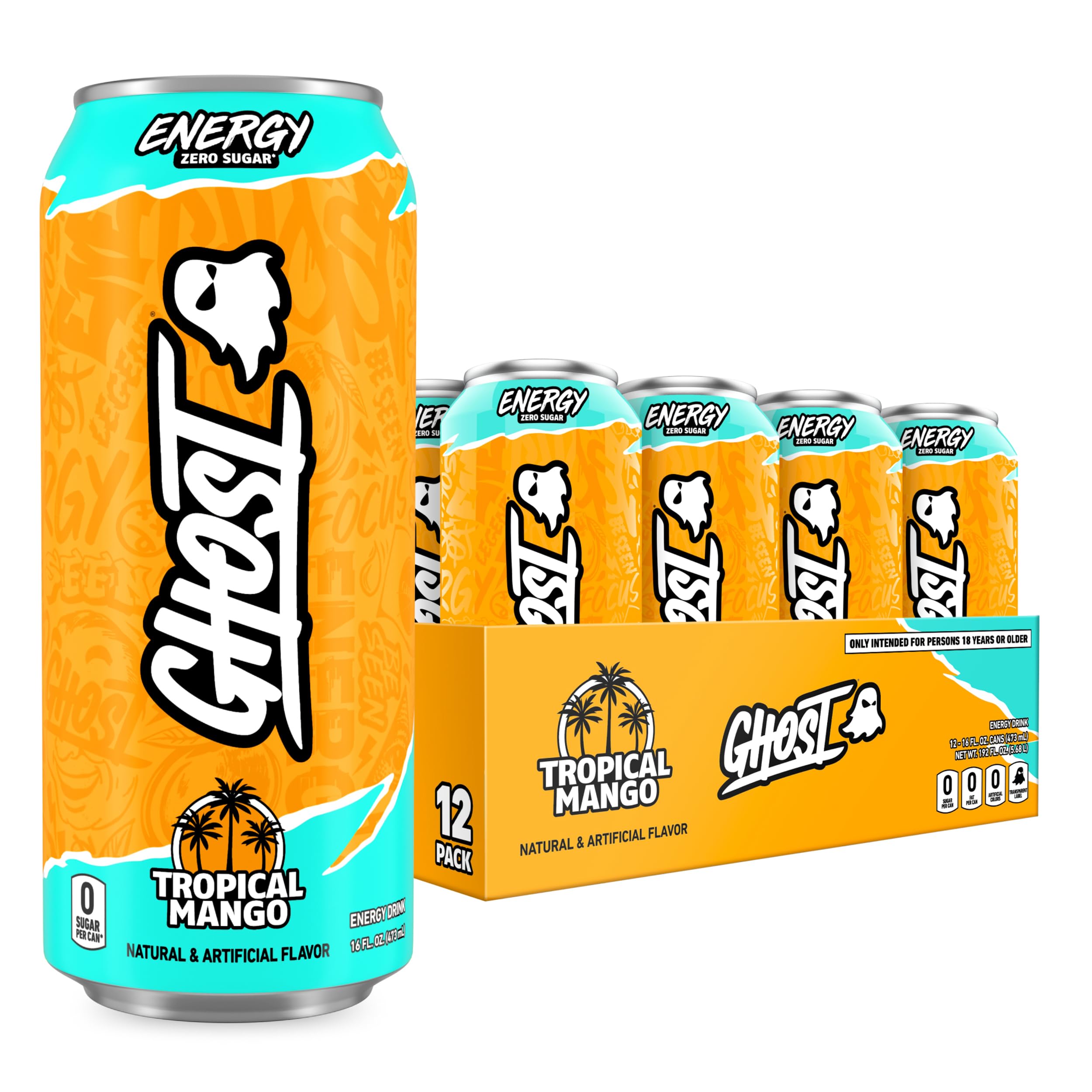 GHOST front packaging Tropical Mango can showing branding and zero sugar benefit