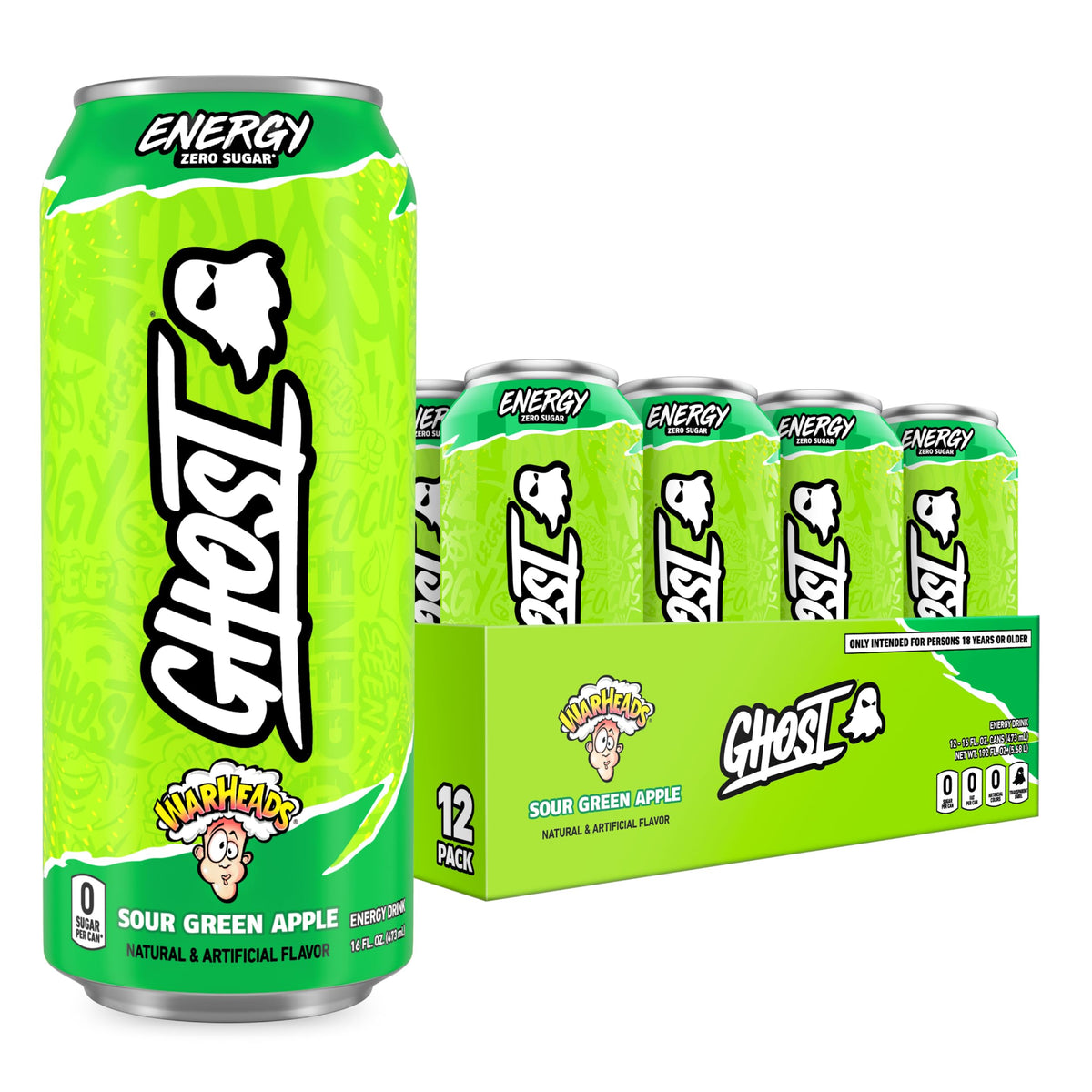 GHOST Warheads sour green apple front packaging showing bright can and branding for visibility