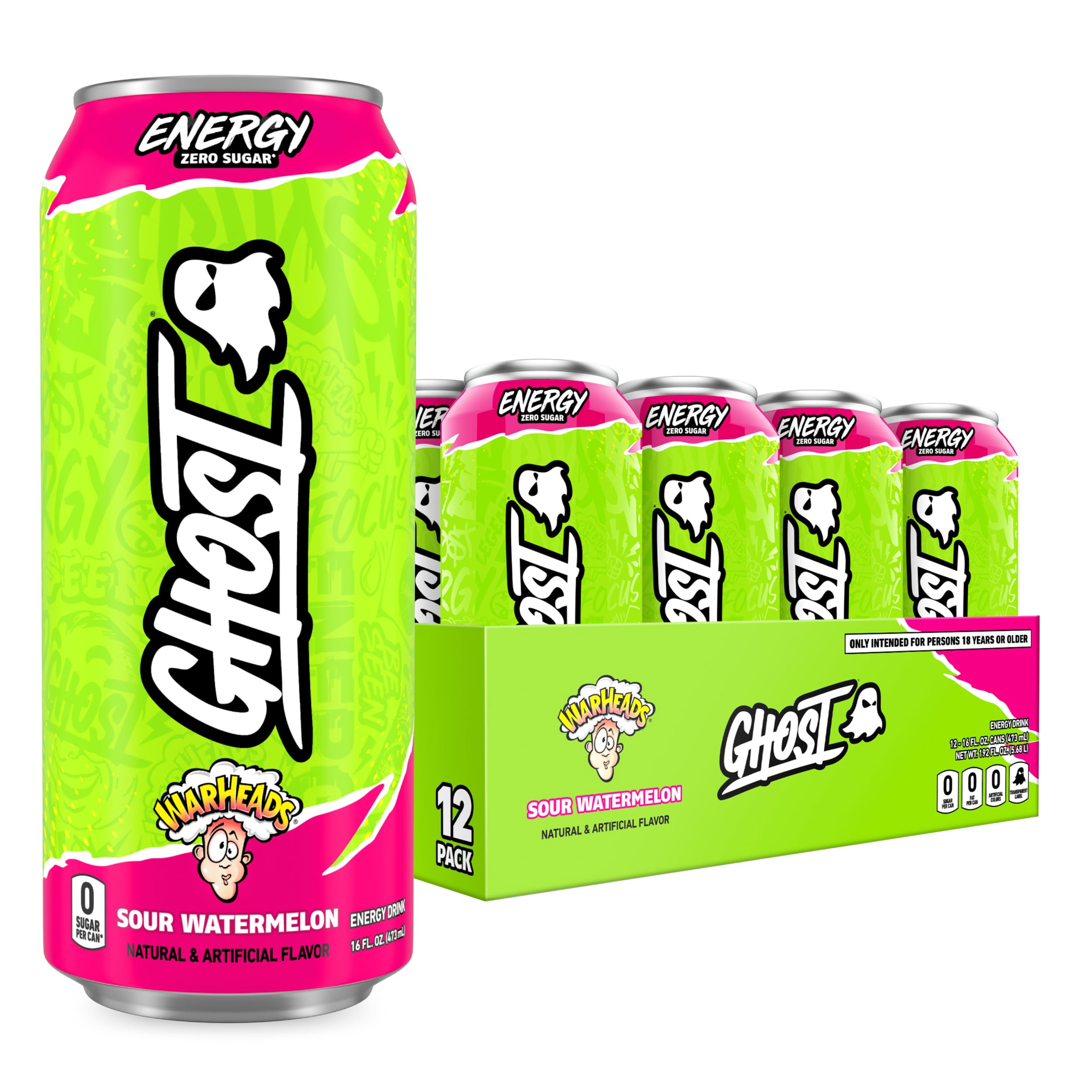 GHOST Warheads Sour Watermelon front packaging showing 12-pack and vibrant branding for shelf appeal
