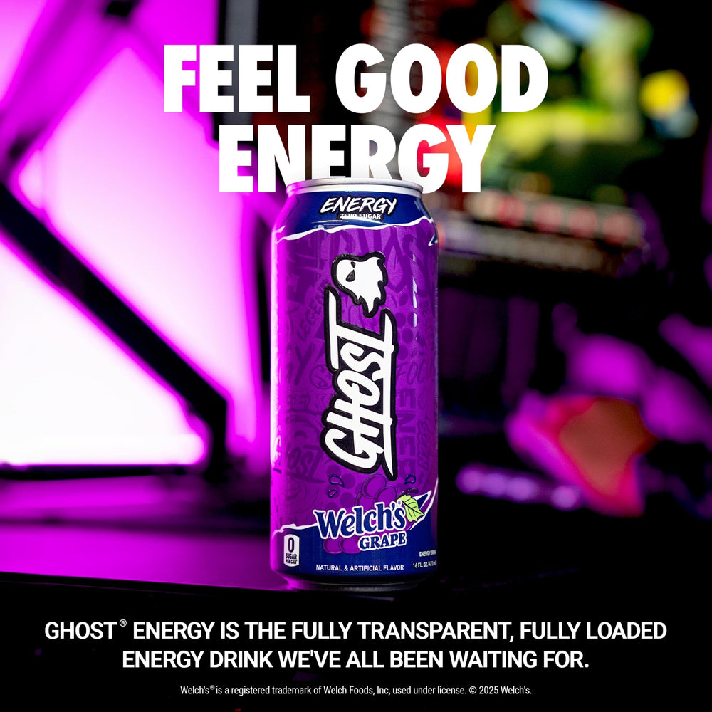 GHOST Welch's Grape can close-up of label highlighting transparent dosing benefit