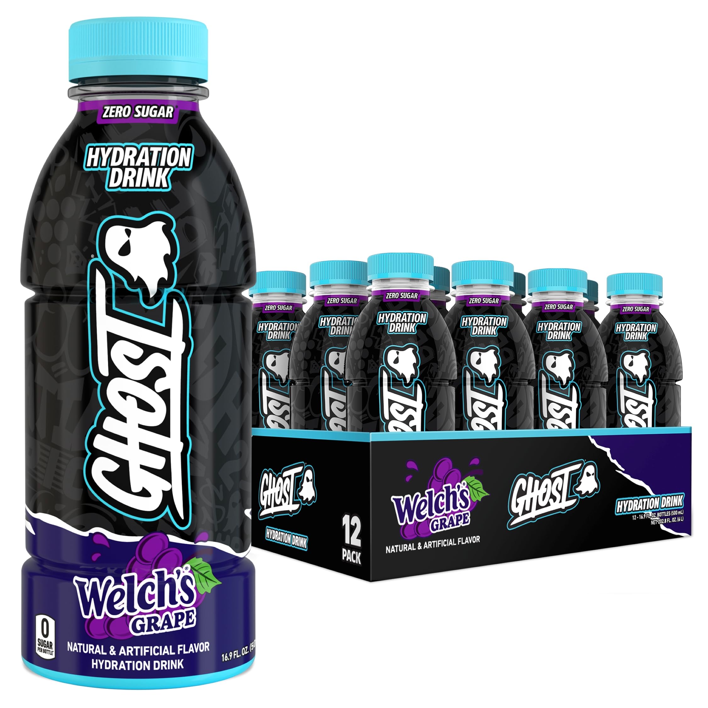 GHOST Welch’s Grape front packaging showing bottle and label benefit