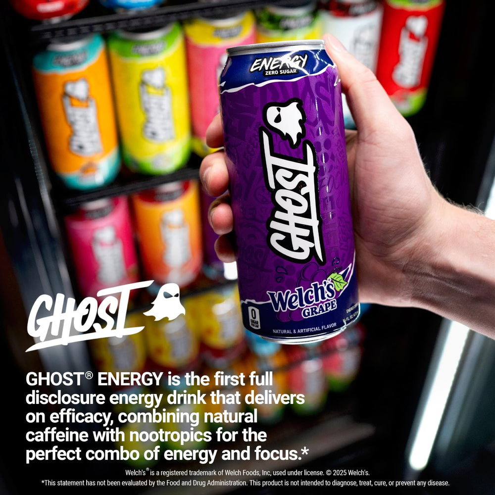 GHOST Welch's Grape ingredient panel close-up showing full disclosure benefit