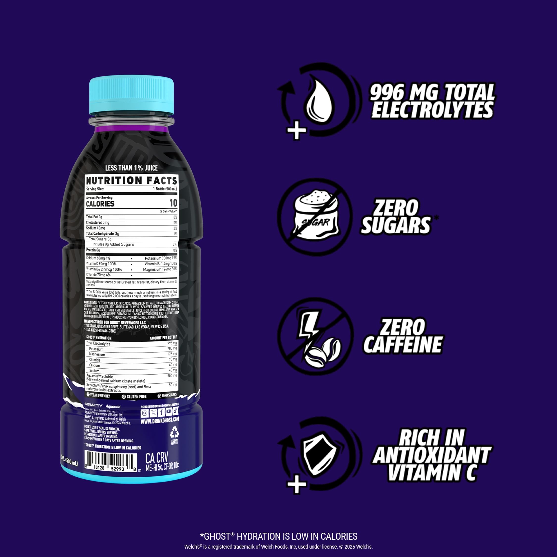 GHOST pouring grape-colored liquid to show texture and easy sip benefit