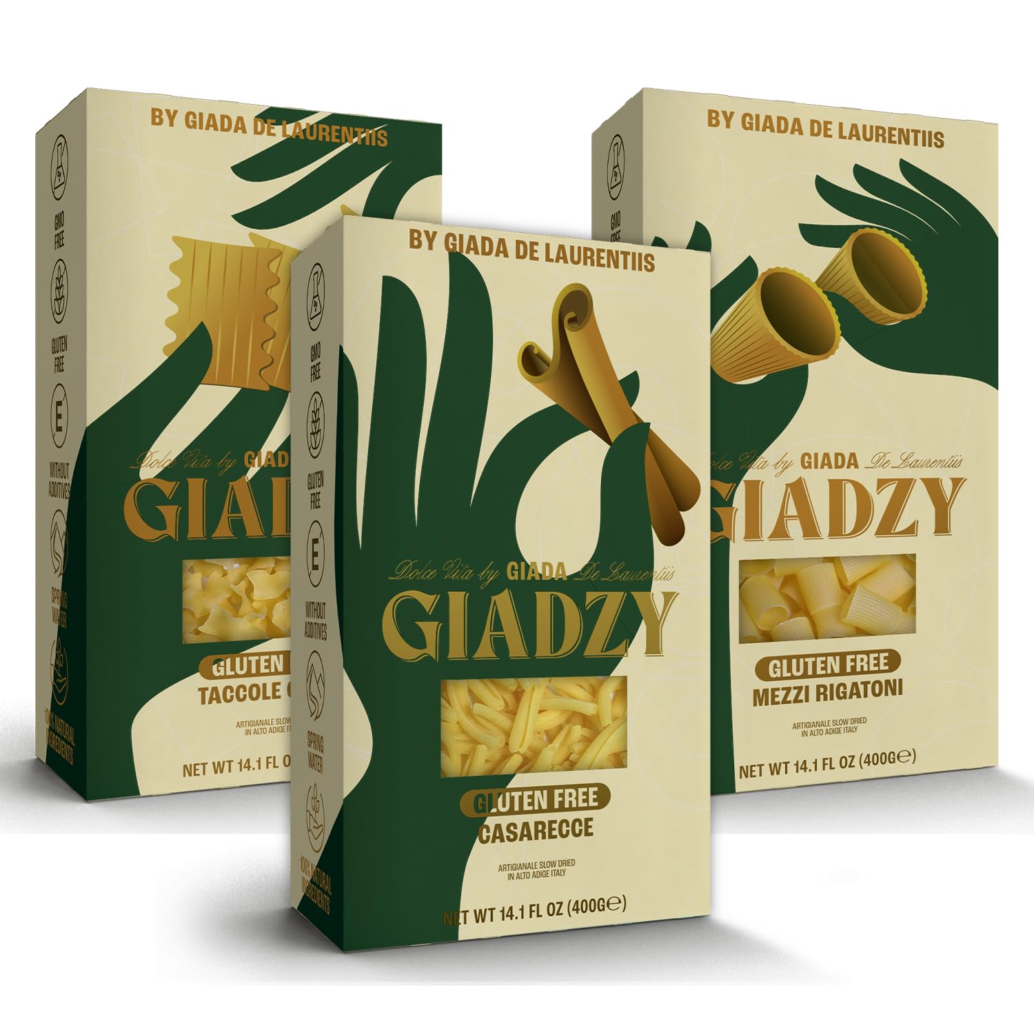 Giadzy front packaging three-pack showing Italian gluten-free assortment and premium branding