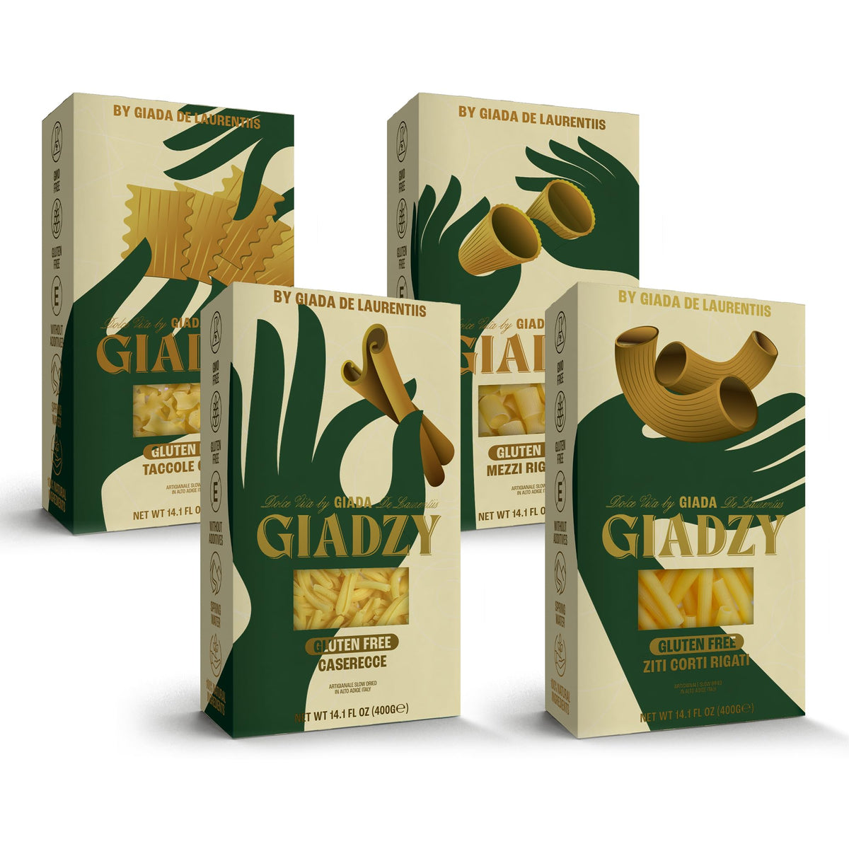 Giadzy front packaging showing four gluten-free shapes and clear branding benefits