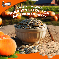 GIANTS close-up of roasted pumpkin seeds highlighting crisp texture and flavor