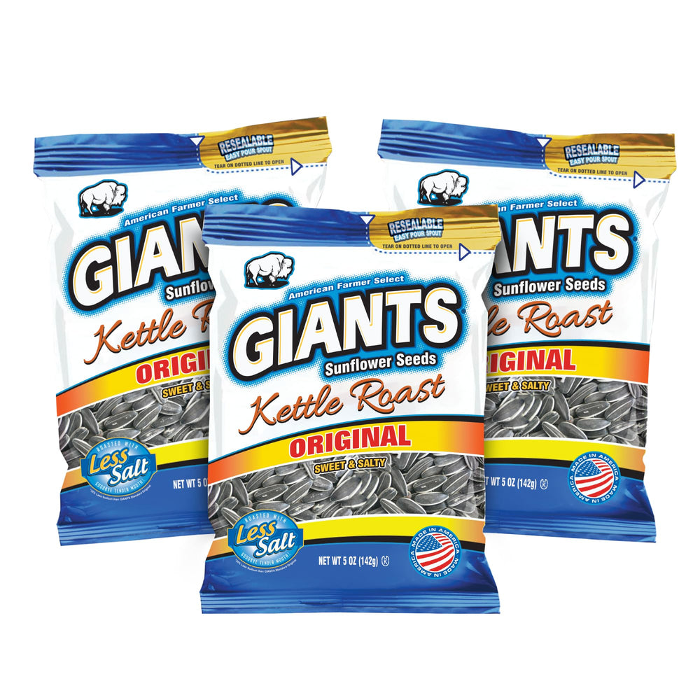 GIANTS front packaging showing kettle roast sweet & salty flavor and resealable bag benefit