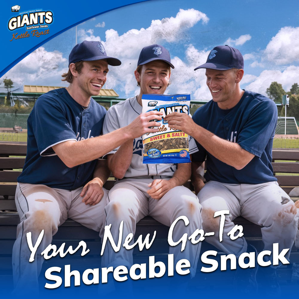 GIANTS hand holding 5 oz bag showing compact size and on-the-go convenience benefit