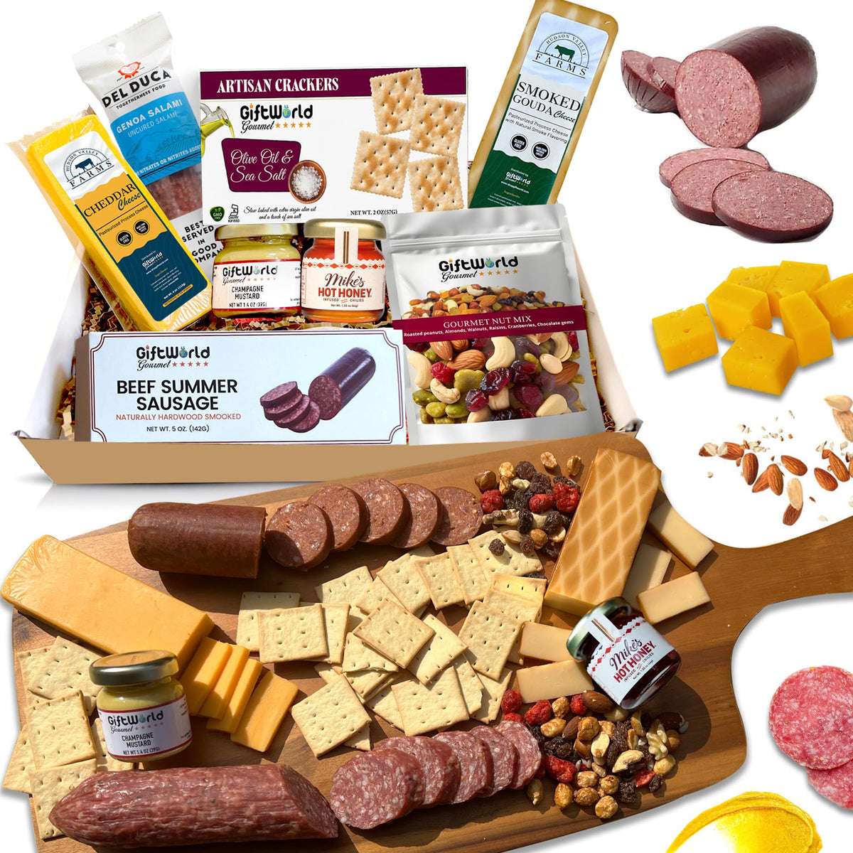 GiftWorld front box display showing complete charcuterie gift basket and presentation benefit