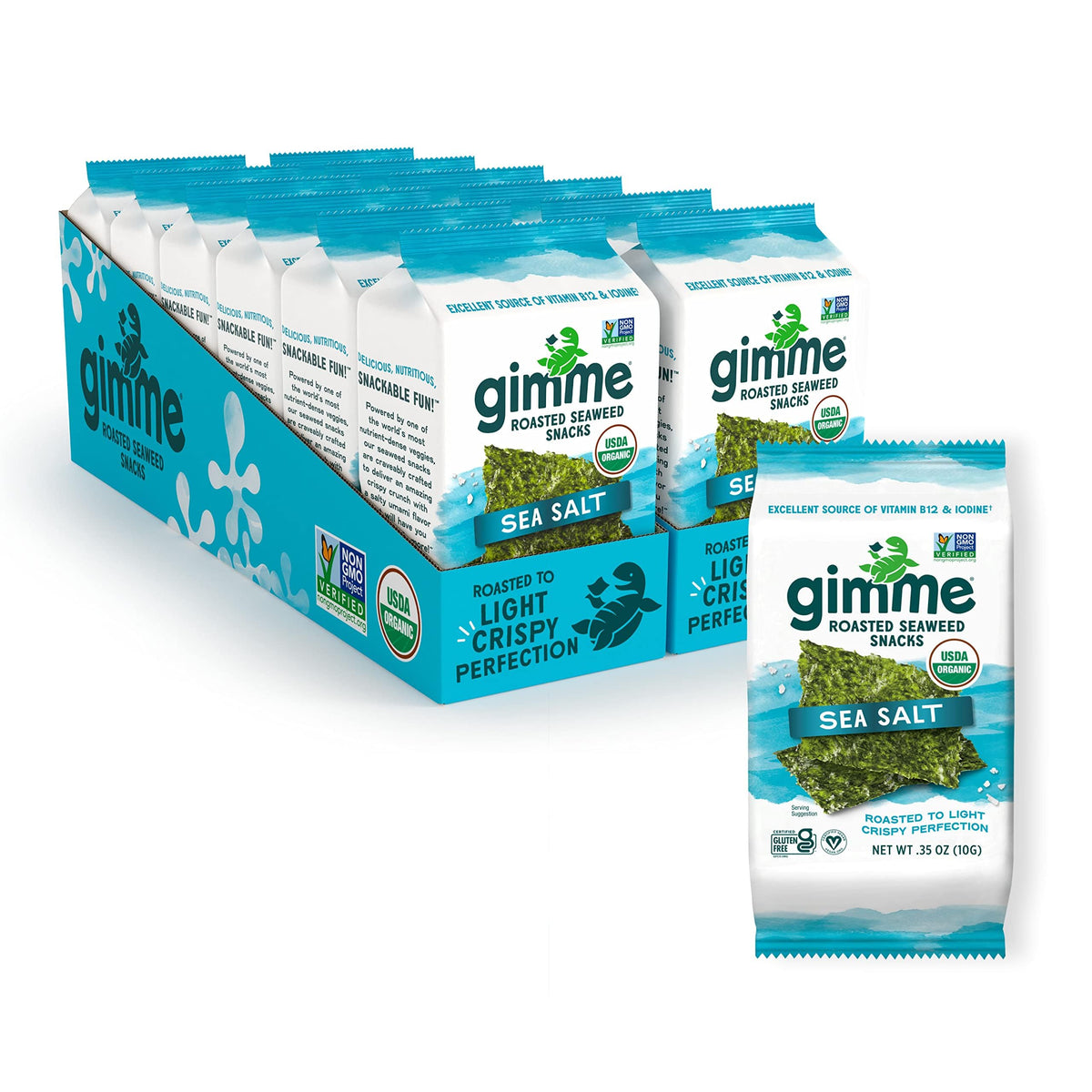 gimMe front packaging sea salt showing twelve single-serve packs and branding benefit convenience