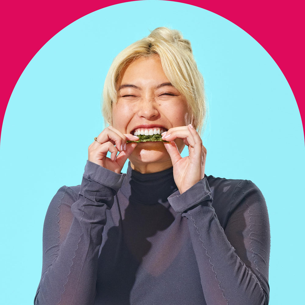 gimMe seasoned seaweed on plate served as healthy crunchy snack