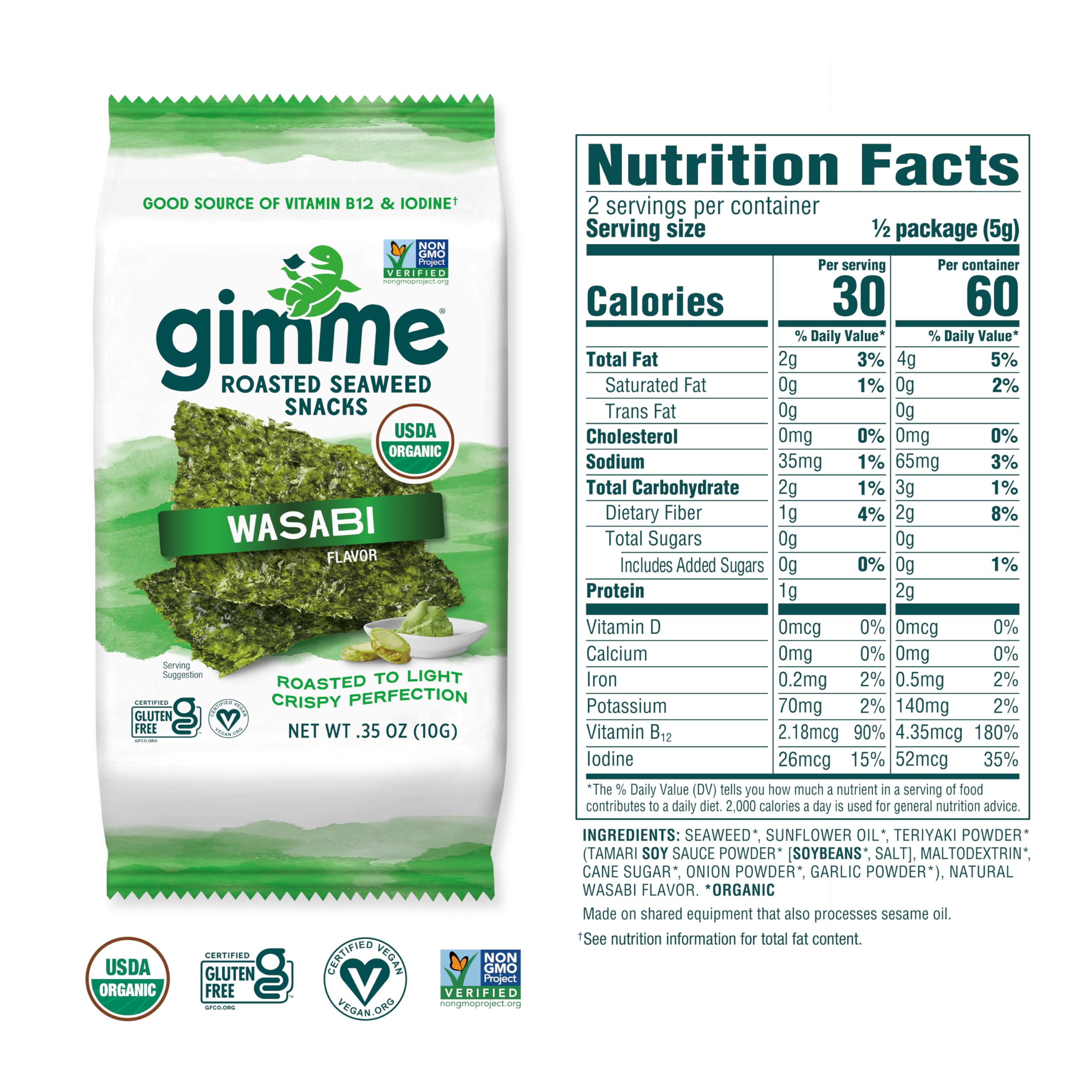 gimMe ingredients label emphasizing organic seaweed and clean, non-GMO formula