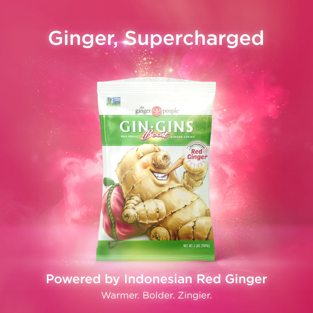 GIN GINS Boost Red Magic chews close-up showing spicy red color and chewy texture benefit