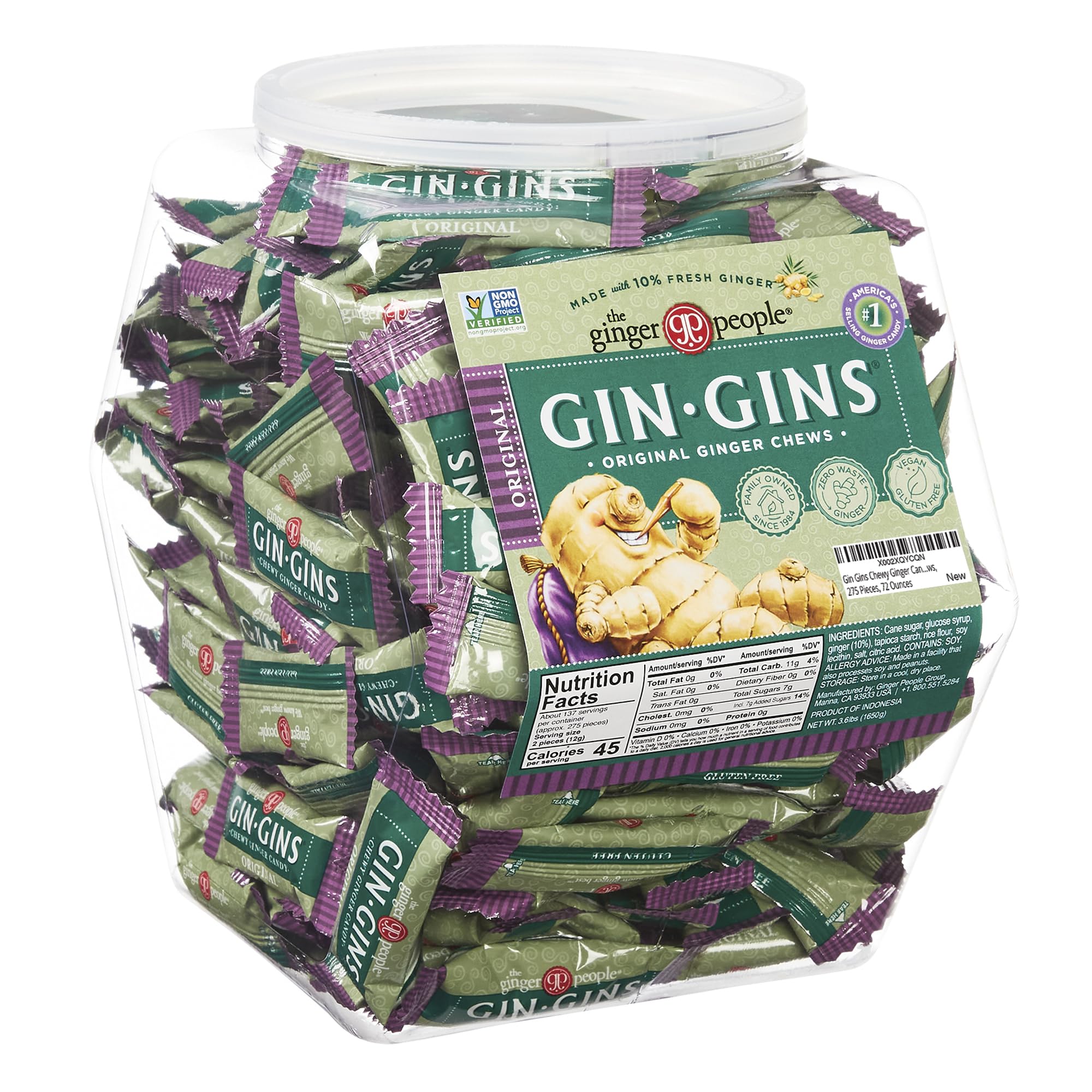Gin Gins front of tub showing label and reusable jar, convenient storage
