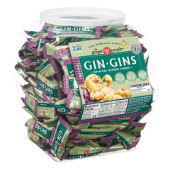 Gin Gins front of tub showing label and reusable jar, convenient storage