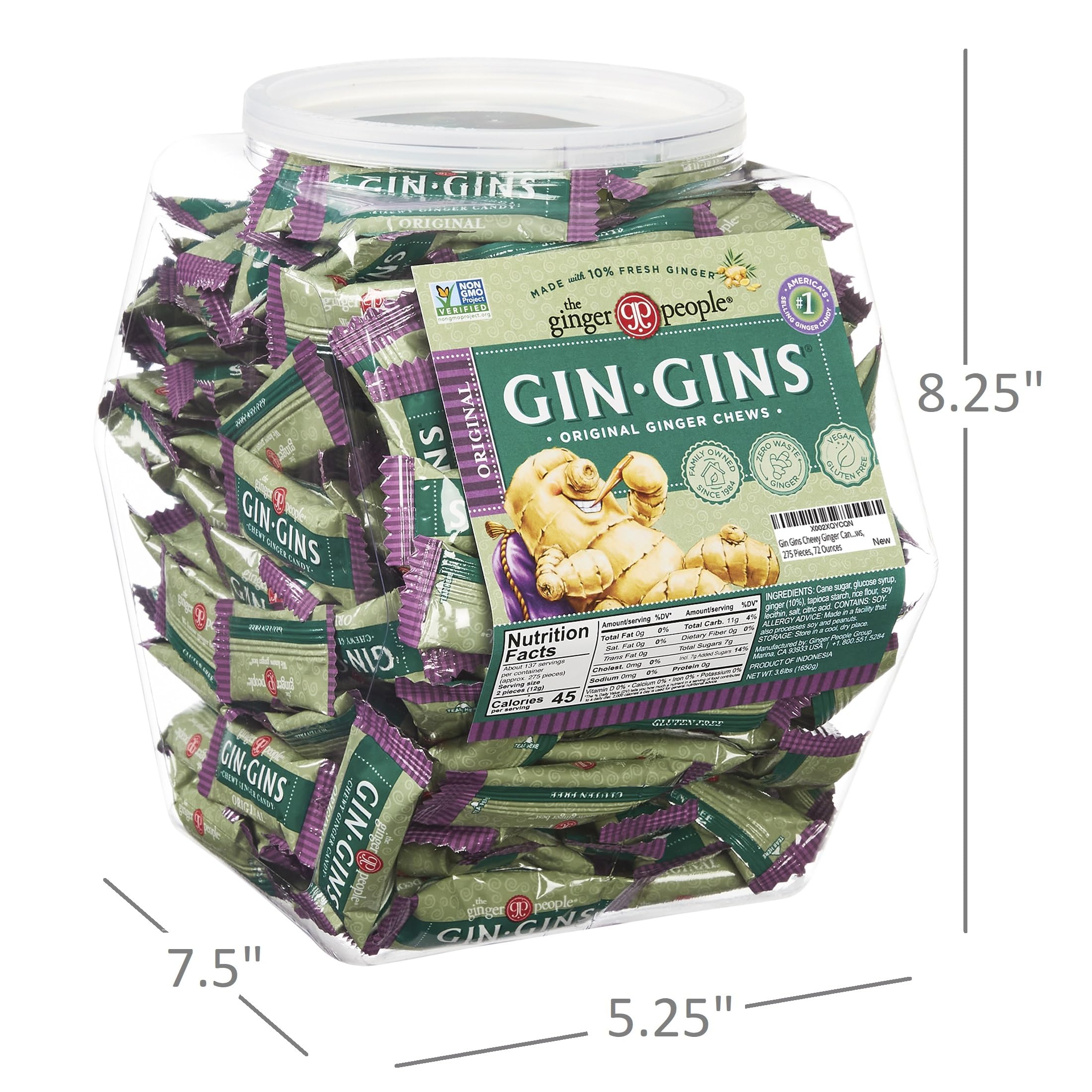 Gin Gins tub with hand for scale, brand and size clarity for buyers