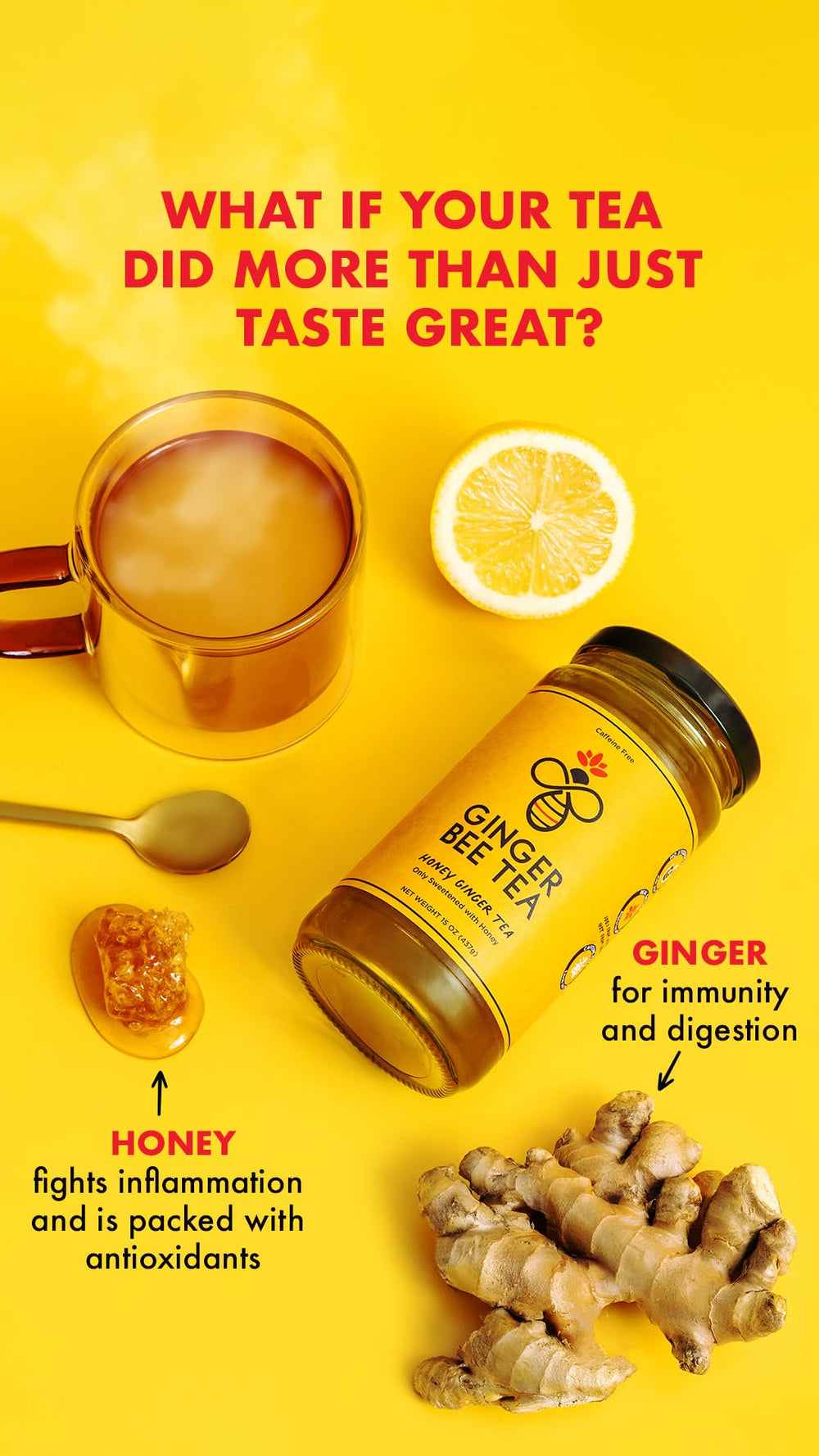 Ginger Bee with honey, ginger, lemon ingredients, displays simple five-ingredient recipe