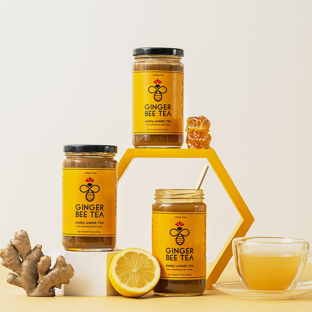 Ginger Bee jar held in hand for scale, conveys 15 oz serving quantity