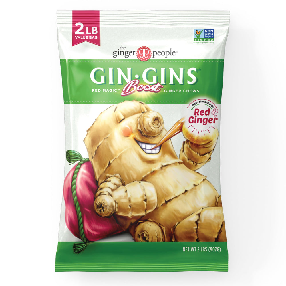 The Ginger People front packaging showing 2 lb pouch and branding, easy grab-and-go
