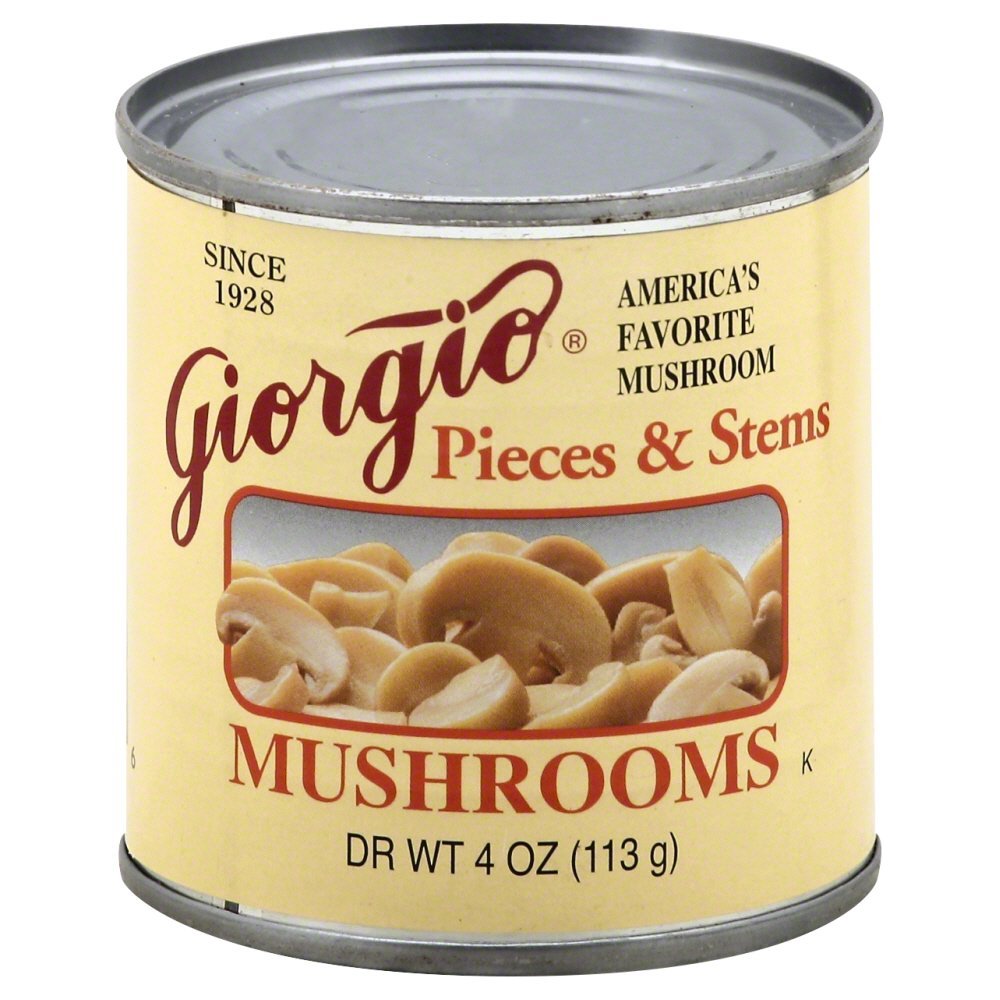 Giorgio front can showing mushroom pieces and stems ready to save prep time