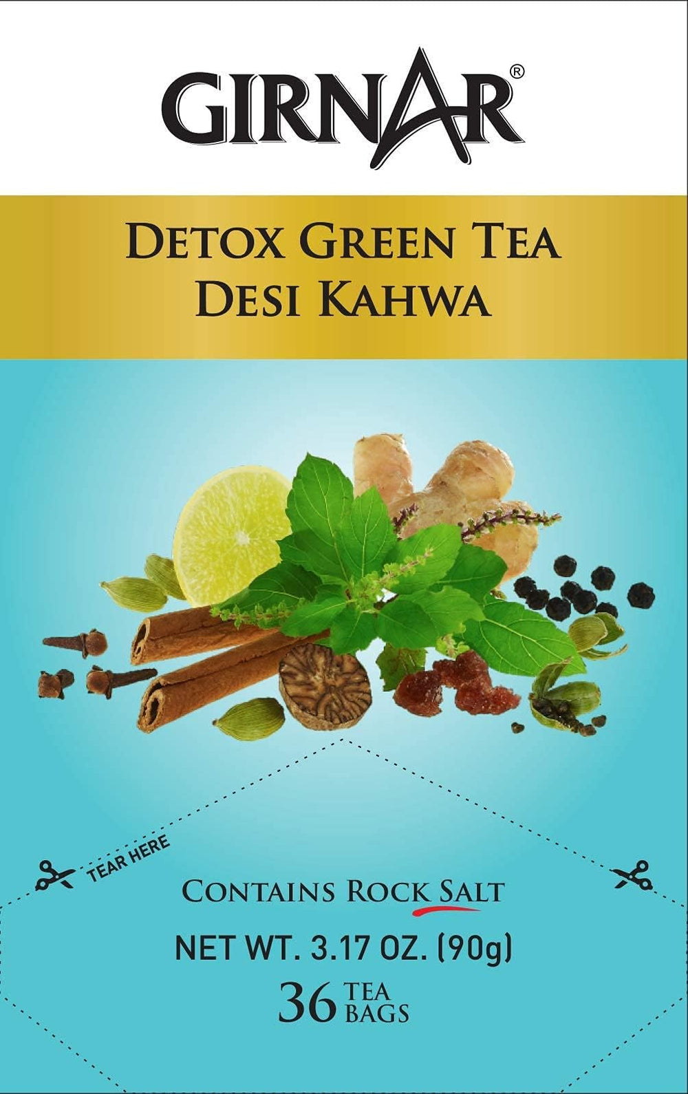 GIRNAR foil-wrapped tea bag close-up highlighting freshness benefit