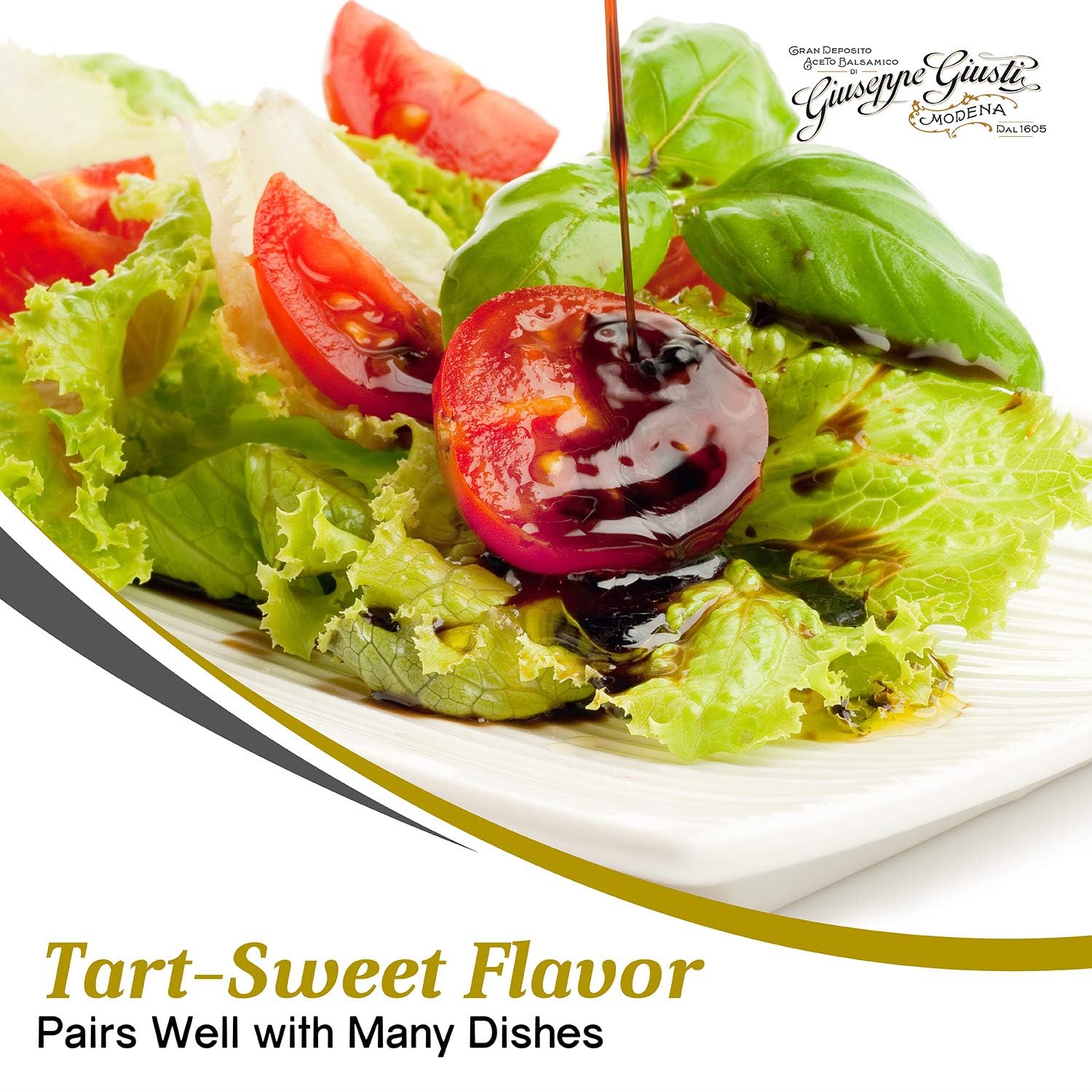 Giusti balsamic drizzle on salad demonstrating flavor enhancement benefit