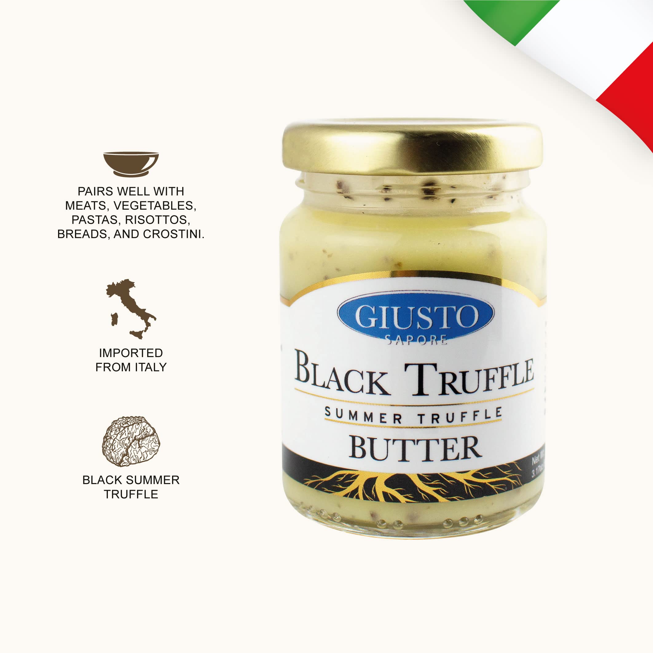 Giusto Sapore label close-up showing origin and quality benefit