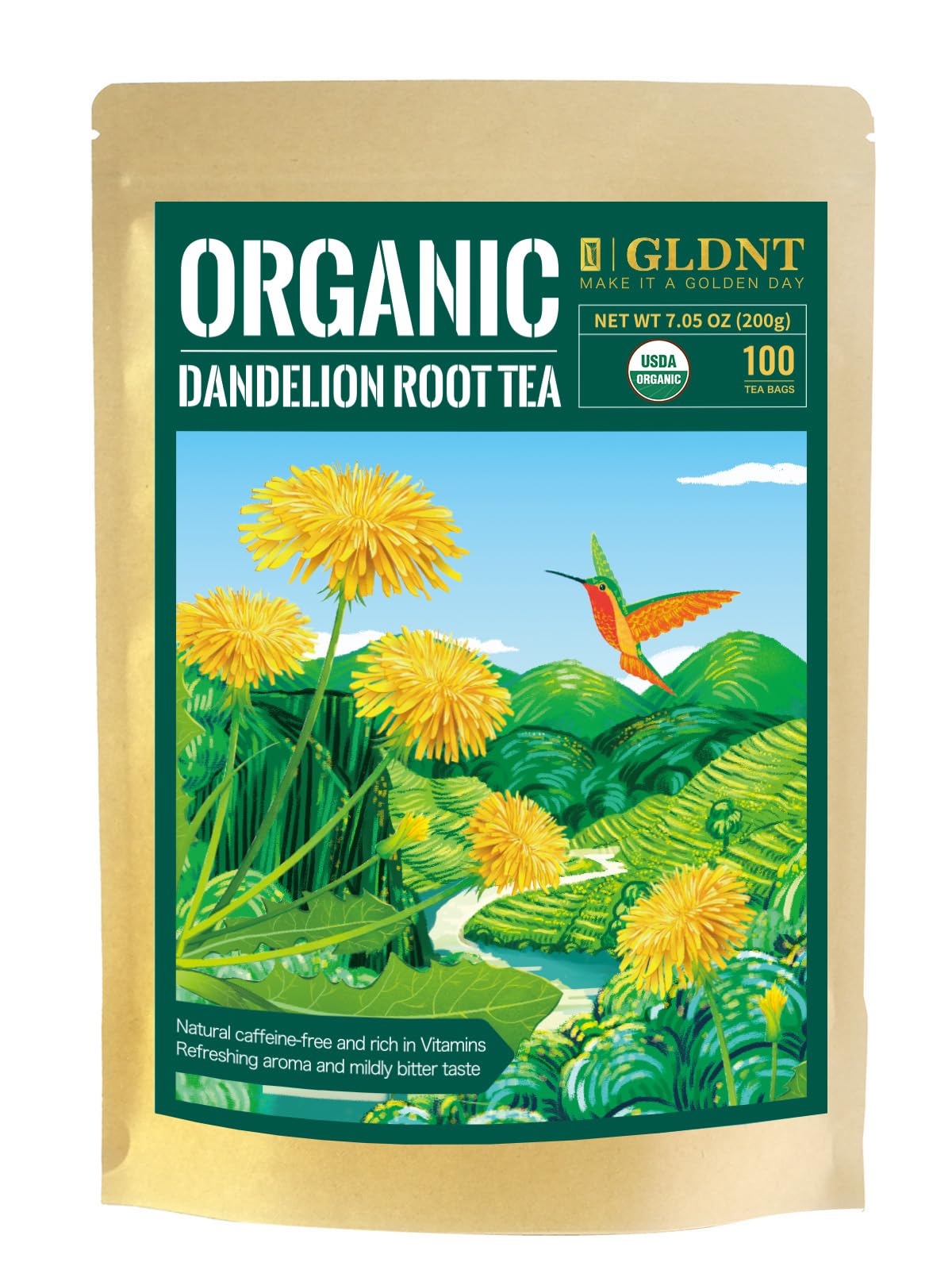 GLDNT front packaging showing resealable kraft pouch and label benefits