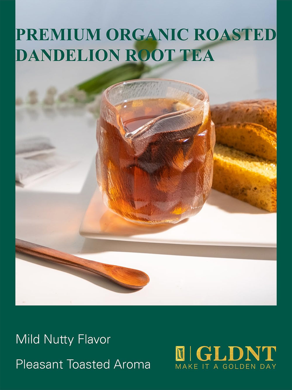 GLDNT brewed tea in a mug illustrating roasted color and cozy morning ritual