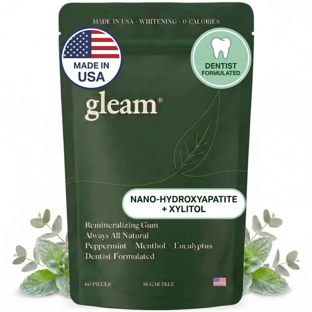 Gleam Gum front packaging showing resealable pouch and branding for convenient use