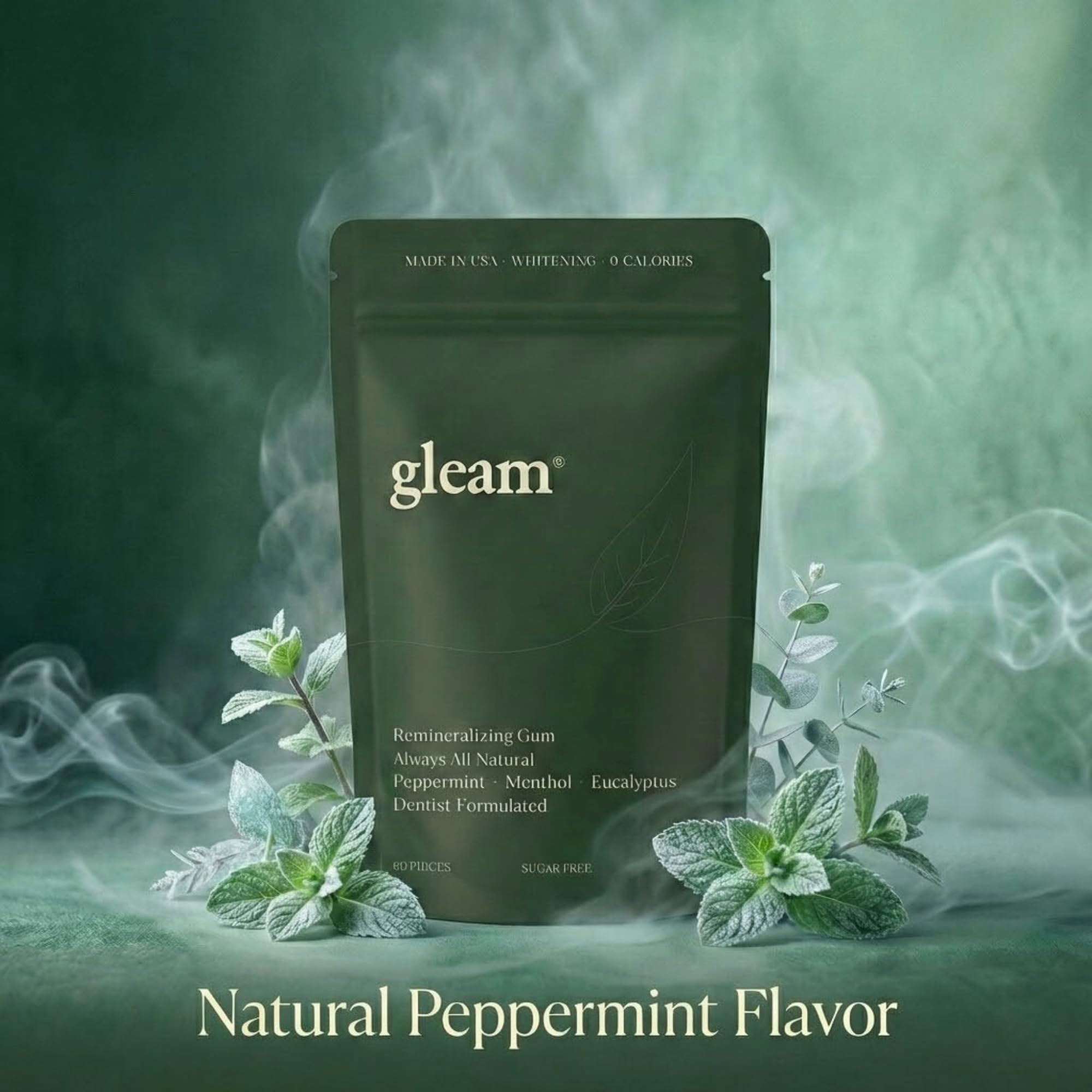 Close-up of Gleam Gum ingredient label showing transparent list and no artificial additives
