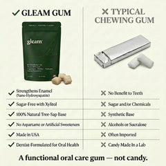 Gleam Gum texture close-up of a piece showing natural chicle base and softening benefit