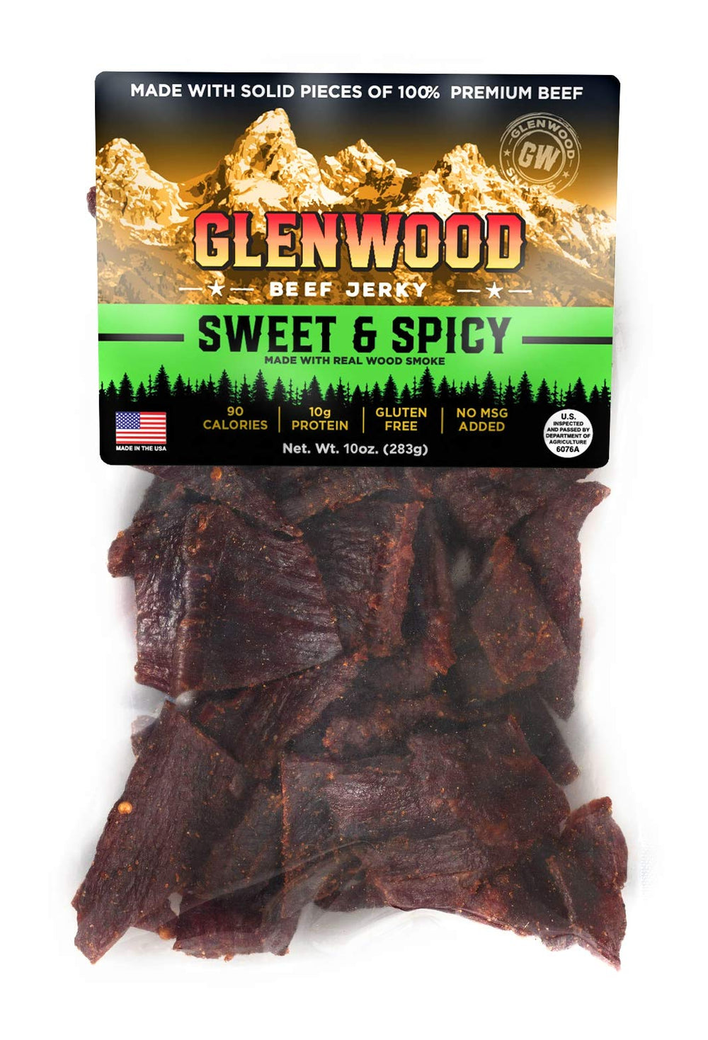 Glenwood jerky front packaging showing resealable 10oz bag and branding, easy grab-and-go