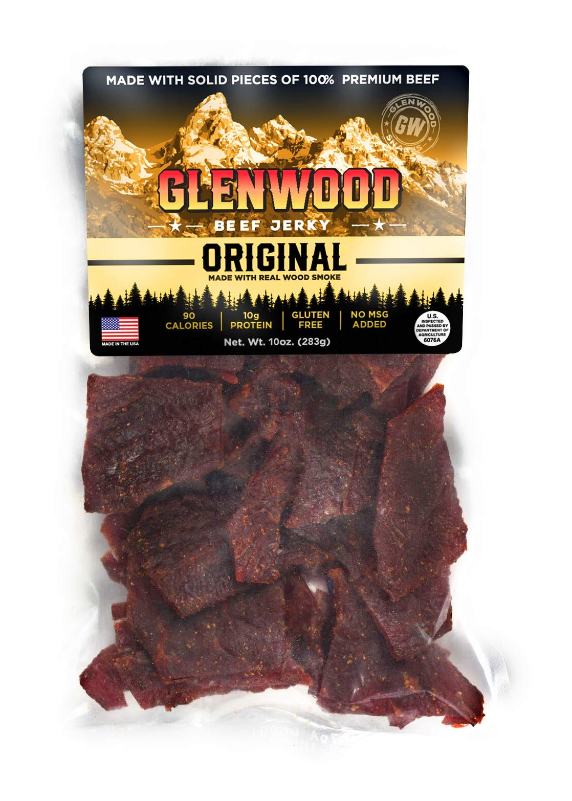 Glenwood Snacks front packaging showing 10 oz resealable bag and label benefits