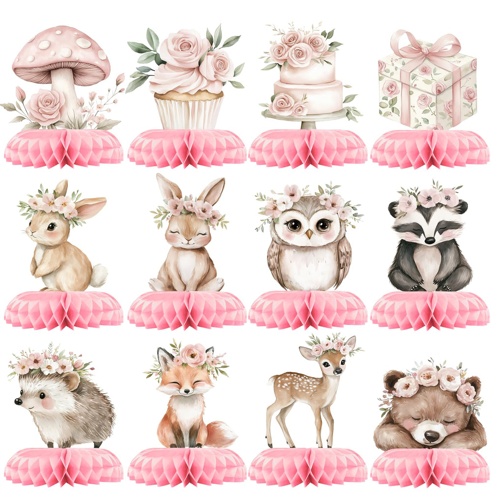 Glezo front view of the 12-piece pink woodland centerpiece set shows charming animal designs and easy setup