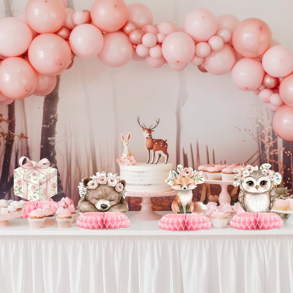 Glezo arranged on a dessert table creating a cohesive woodland scene for a girl baby shower
