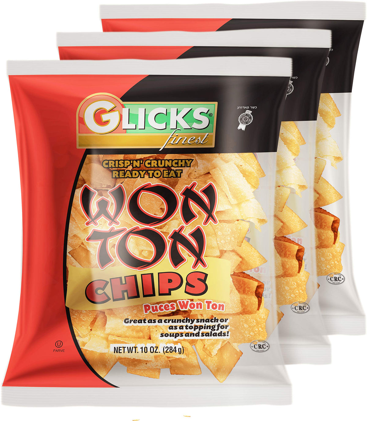Glicks front packaging showing 10oz three-pack and easy snacking convenience