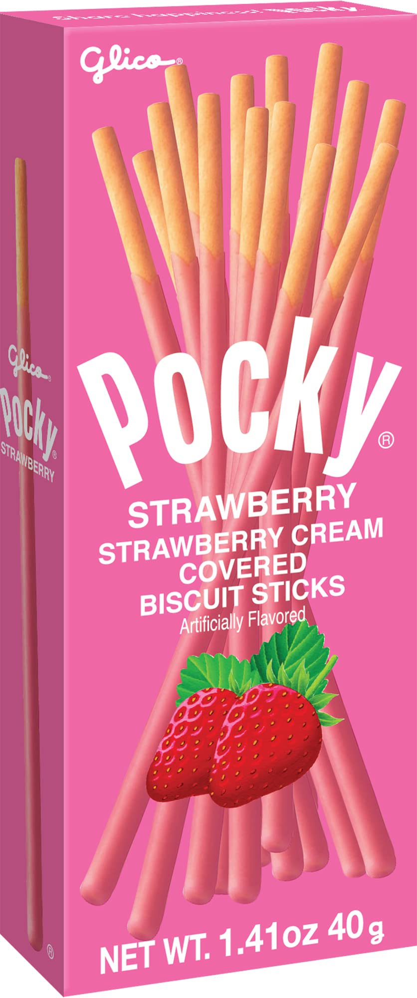 Glico Pocky strawberry front packaging showing individual 1.41 oz box, convenient snack